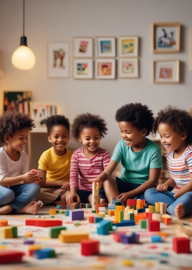 A children's encyclopedia about creativity is prominently displayed. The book features illustrations of space-related technology such as a satellite, space capsule, spacesuit, rocket, and a spectrograph on its cover. In the background, children are sitting on yellow cushioned seats, reading and engaging with each other. The wall behind them is decorated with a colorful mural of a cartoon-like scene.
