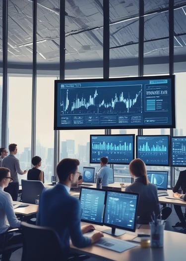 An instructor demonstrating stock market strategies on a digital screen in a modern classroom setting.