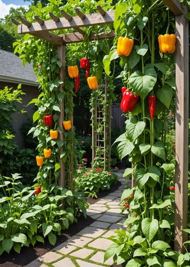 um jardim com uma treliça de pimentas e pimentões