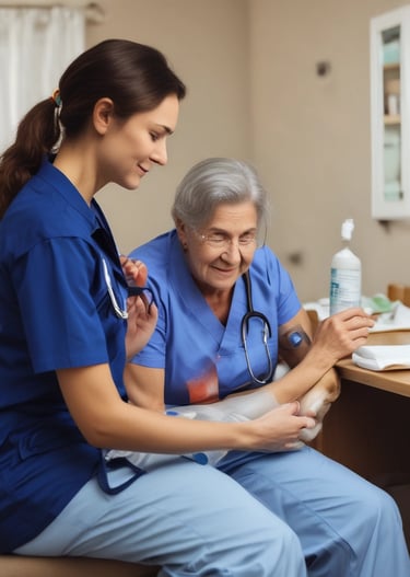 An elderly man sits on a chair beside a bed, holding the hand of a person lying down. The setting is a simple room with plain walls and a window. An intravenous drip is visible, indicating a healthcare environment.