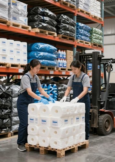 Warehouse shelves neatly stocked with boxes of commercial cleaning chemicals and disposable gloves.