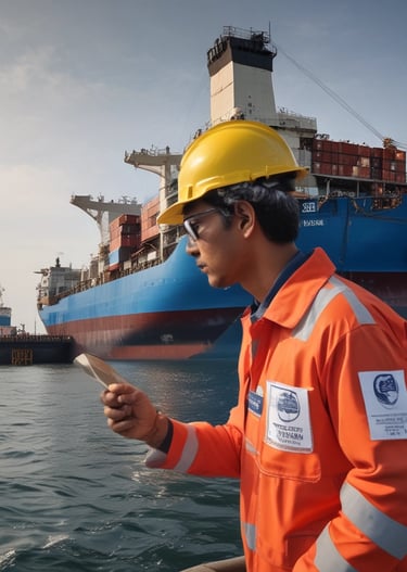 Close-up of ship crew coordinating maintenance tasks on a large cargo ship.