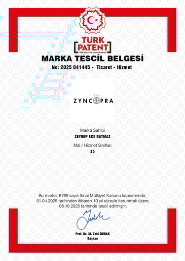 Certificado de marca Zyncopra®, Oficina de Patentes de Turquía, clase 35