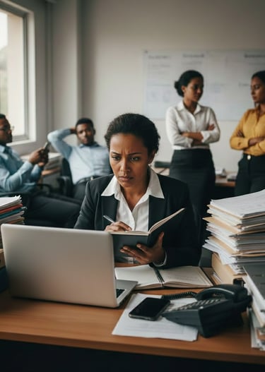 femme dirigeante entreprise devant laptop qui fait tout toute seule et employés arrière plan