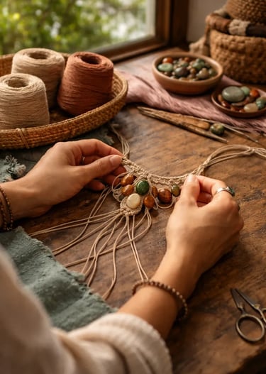 Manos artesanas elaborando un collar de macramé hecho a mano con cuentas terrosas cordel de cáñamo
