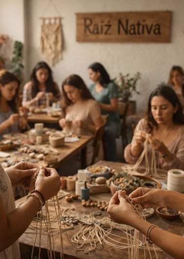 Mujeres asisten a un taller de macramé en el estudio Raiz Nativa