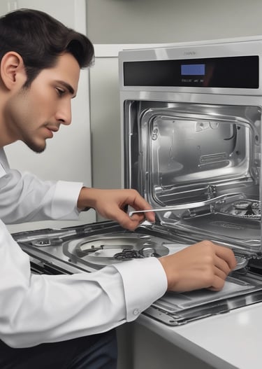 Smiling technician with tools standing beside a washing machine in a bright kitchen.