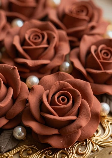 A close-up of a gourmet wedding cake adorned with gold leaf and red roses.