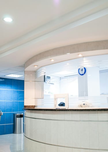 El área de recepción de una clínica médica limpia y moderna, con paredes blancas con aroma Mayan Ac 