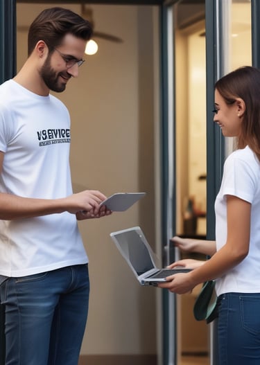 Rows of refurbished laptops ready for sale, neatly displayed in the jas service store.