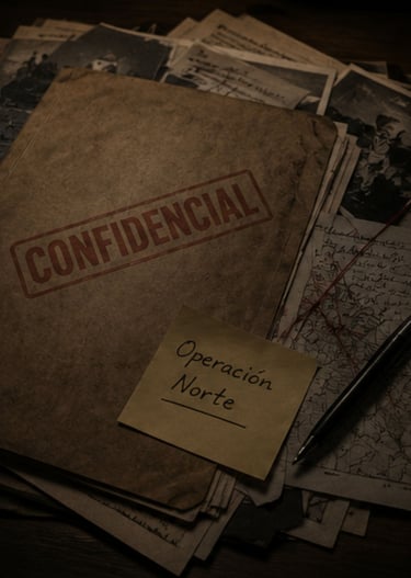 Vintage confidential folder with Operacion Norte note, old maps, and a pen.