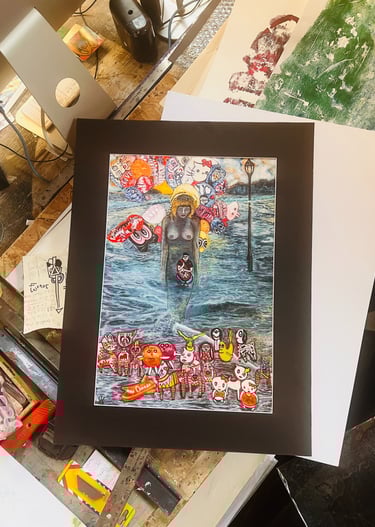 Surreal mixed media painting featuring a woman in water surrounded by colorful pop art characters.