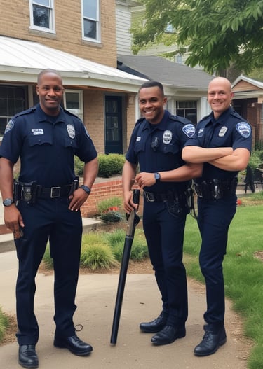 A police officer warmly interacting with local children on a sunny neighborhood street.