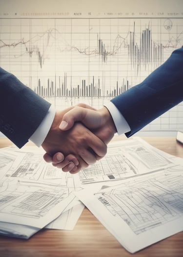 Close-up of hands organizing licitation papers with a laptop in the background.