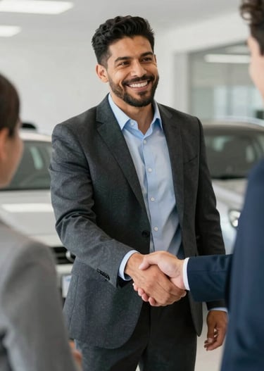 A friendly customer shaking hands with a dealership representative in a modern showroom.