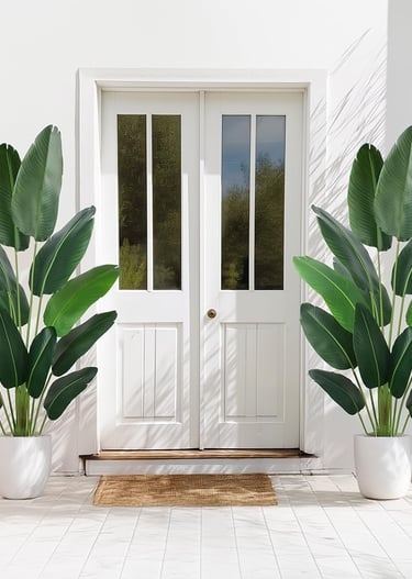 A large artificial bird of paradise plant in white pots flanking a white front door.