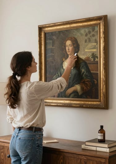 Close-up of hands arranging fresh flowers in a simple vase on a wooden table.
