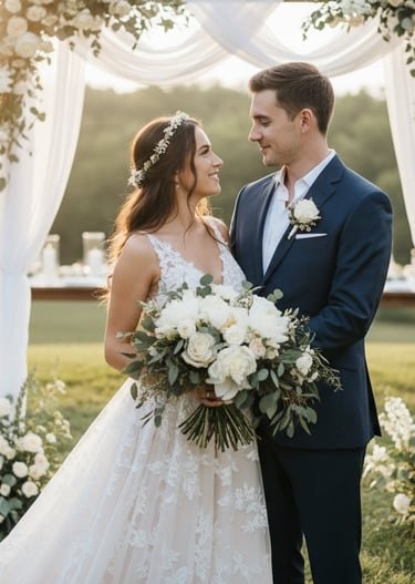 A bride in a lace gown and a groom in a navy suit pose under a white floral wedding arch at sunset.