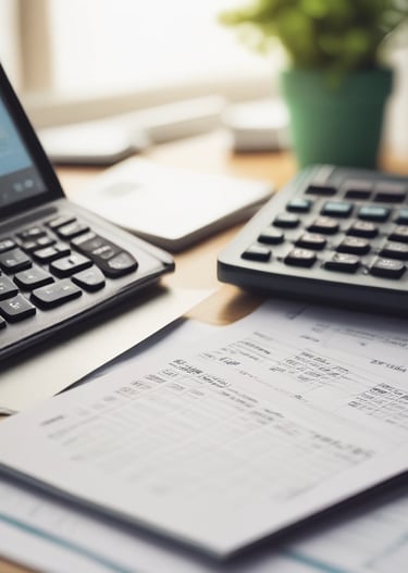 Close-up of hands calculating finances with a calculator and documents.