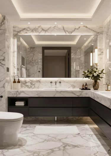 Close-up of elegant wall cladding and flooring samples in black, white, and orange tones.