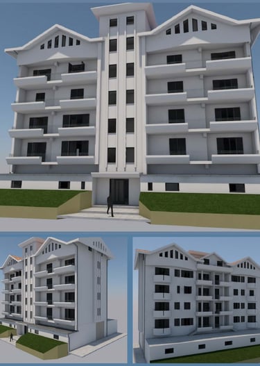 a building with a lot of windows and a person walking by