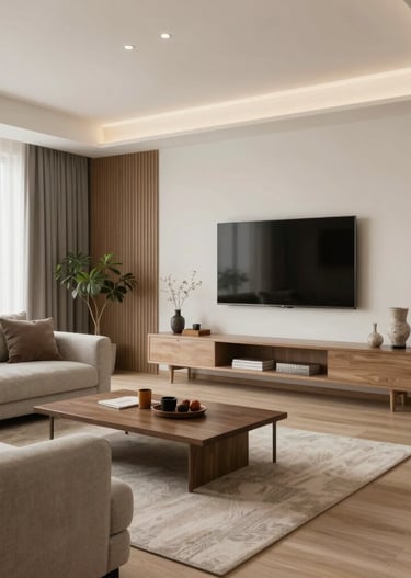 A cozy residential living room with warm lighting and elegant furnishings.
