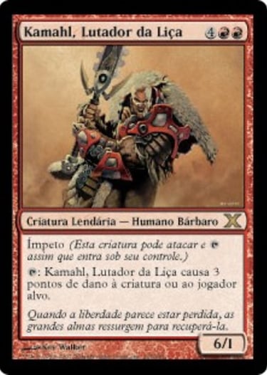 Kamahl, Lutador da Liça Magic: The Gathering card in Portuguese featuring a barbarian warrior with a large sword.