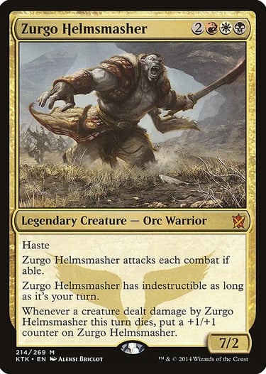 Zurgo Helmsmasher Magic the Gathering card featuring an Orc Warrior charging with a sword.