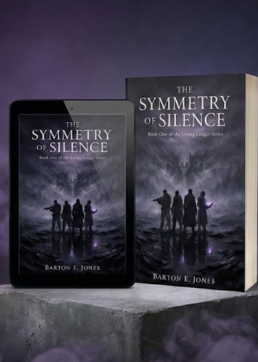 Mockups of The Symmetry of Silence Book One of the Living Ledger Series in eBook and paperback.