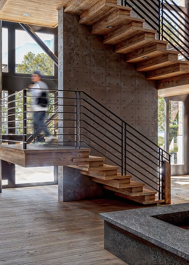 Rendu 3D ultra réaliste d’un hall avec escalier bois et métal – BenRaff Studio