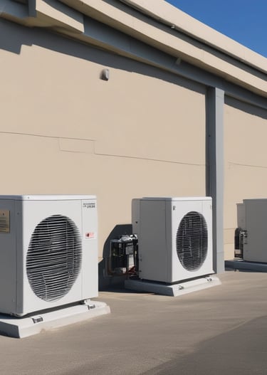 An outdoor air conditioning unit is mounted on a textured wall with various pipes and electrical conduits running above it. The unit is labeled GREE and is connected to a green hose. Below, several empty black plastic crates are stacked haphazardly on a rough concrete surface.
