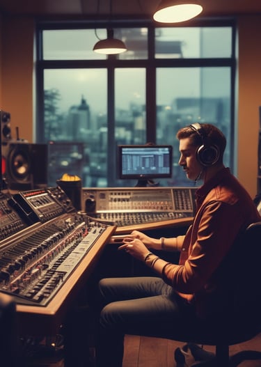 A vintage-looking music store interior with shelves filled with CDs and DVDs. Posters of famous artists and albums cover the upper part of the wall. The signage indicates sections for different music genres, such as Rock and R&B.