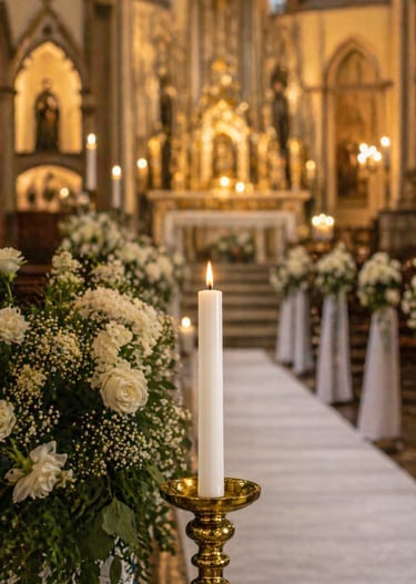Lit 12-inch white pillar candle in a brass holder, surrounded by white roses and greenery in an elegant church setting.