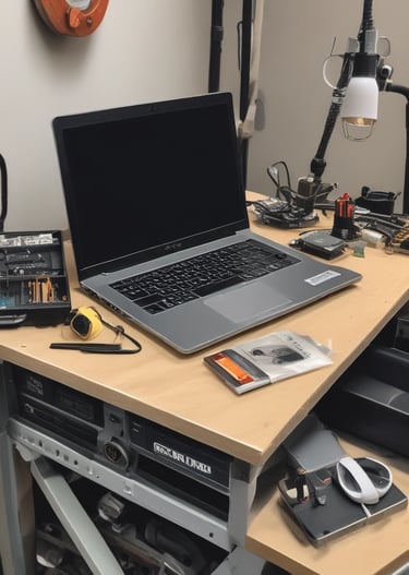 A workbench is cluttered with technology repair tools and disassembled electronic devices. Multiple laptops are open, and an overhead lamp provides focused lighting on the workspace. A backpack sits at the back, amidst a disarray of tools such as screwdrivers, a utility knife, and an organized box of small components. Various pieces of electronic hardware and circuit boards are spread out on the table.