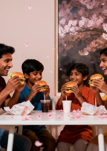 a family eating Burger and drinking mojito at a table in Nyo Cafe