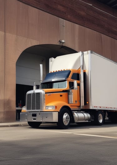 A large white semi-truck is parked outside a warehouse loading dock, positioned to unload or load goods. The truck features a logo with the word 'Innovativos' on the side. Nearby, there is a red and black mechanical lift labeled 'SkyJack' on the ground. The setting is an open area with clear skies in the background.