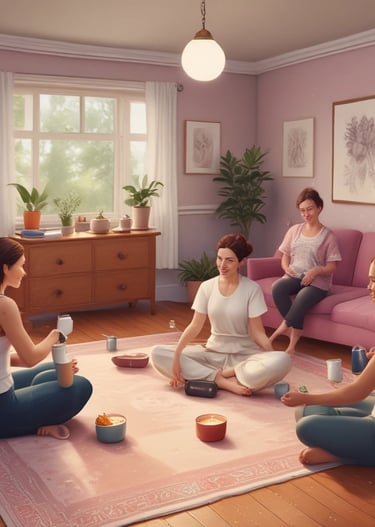 A group of people sits under a colorful tent made of red, yellow, and orange fabric. They appear to be attending a workshop or class. A chalkboard on the left lists a schedule with topics like 'Food as Medicine' and 'Healthy Lifestyle.' The participants sit on mats and blankets, listening to someone speaking at the front. The atmosphere is casual and relaxed with shoes and personal items placed on the grass nearby.