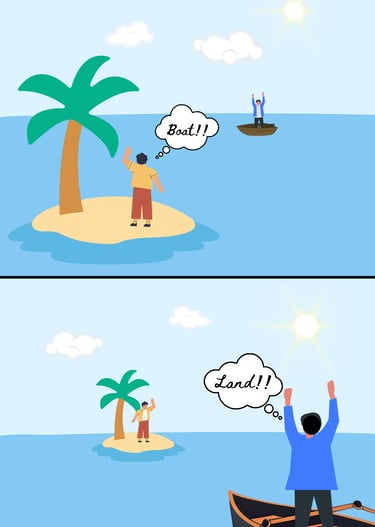 Perspective of a man standing on a small island with a boat in the water
