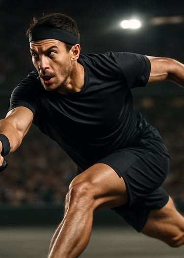 man in black sports clothes playing padel, action shot. Black padel racket and ball.