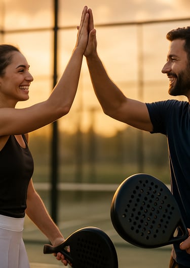 a man and woman high fiving on a padel court