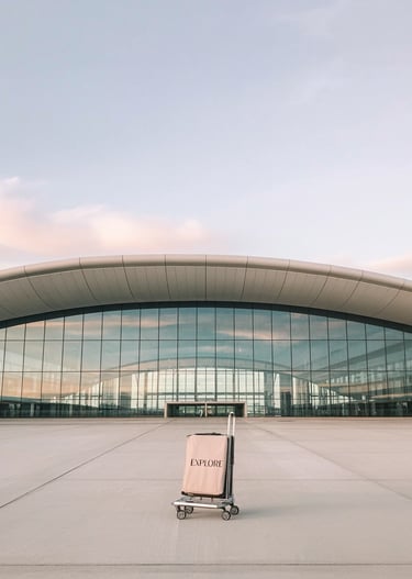 Modern airport terminal with glass fascade and a travel trolley labeled 'Explore' place in front under a pink sky.