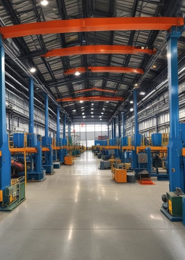 A complex mechanical apparatus with several metallic components, including pipes and cylinders, is prominently displayed. The machine features a blue cylindrical section at the top and is situated in a minimalist white room.