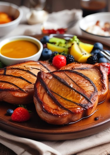 A metal tray filled with seasoned meat pieces is positioned on a charcoal grill emitting gentle smoke. The atmosphere is dimly lit, creating a rustic and warm ambiance.