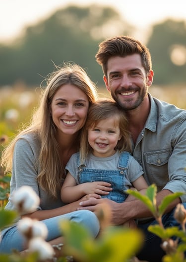a man and woman sitting in a field of cotton