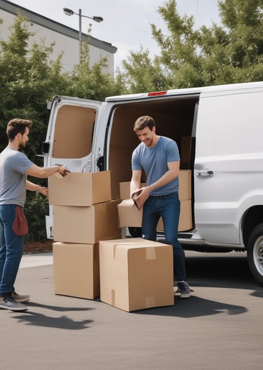 A person in a warehouse is transporting a large blue barrel on a red hand truck. The background includes stacks of cardboard boxes and pallets, with fluorescent lighting from above and a concrete floor.