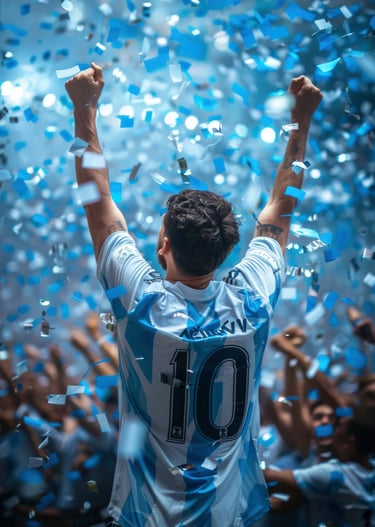 NexaGoals celebration — football player wearing number 10 shirt cheering with blue confetti crowd