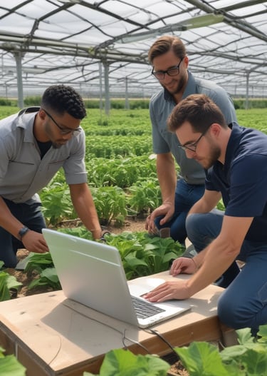 A team of diverse professionals collaborating over a digital tablet in a greenhouse environment.