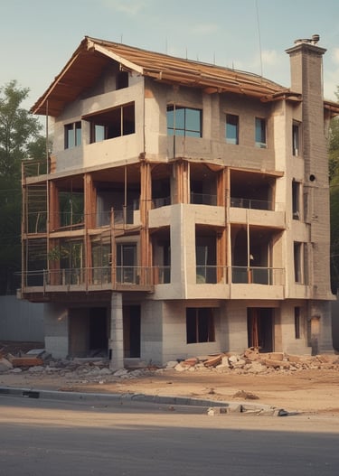 An intricate construction site with a complex framework of red steel beams and scaffolding stands prominently. Several white structural supports and yellow braces are visible, indicating an ongoing building project. The foreground displays signage in a language suggesting construction of luxury apartments.
