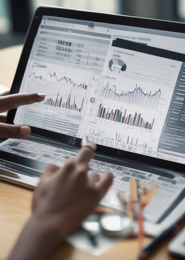 A close-up of hands working on a digital tablet displaying marketing analytics.