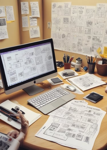 A logo design process in action with sketches and digital tools.
